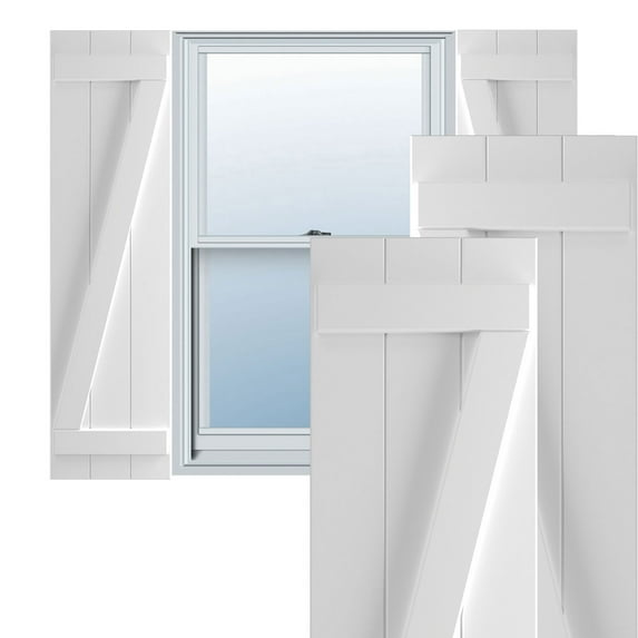 Ekena Millwork 16 1/8"W x 69"H True Fit PVC Three Board Joined Board-n-Batten Shutters w/Z-Bar, White (Per Pair - Hardware Not Included)