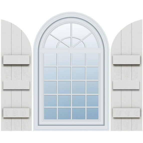 Ekena Millwork 16 1/8"W x 73"H, Rough Cedar (56 1/2" Low Side) Timberthane Faux Rustic Three Board Joined Board-n-Batten Faux Wood Shutters w/Quarter Round Arch Top, Rough Cedar (Per Pair)