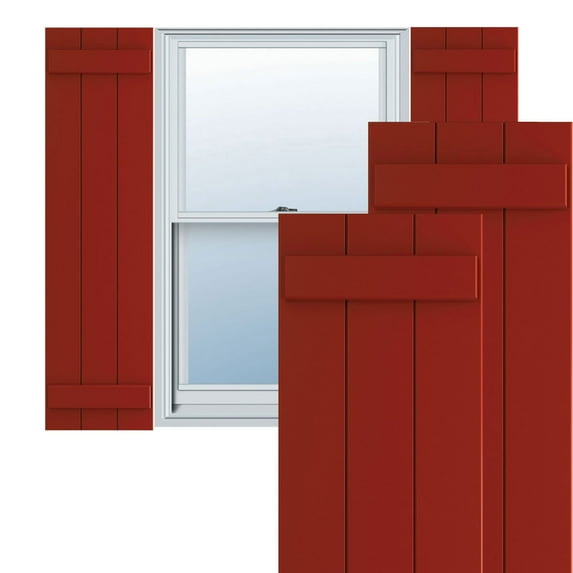 Ekena Millwork 16 1/8"W x 75"H True Fit PVC Three Board Joined Board-n-Batten Shutters, Fire Red (Per Pair - Hardware Not Included)