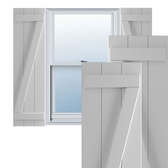 Ekena Millwork 16 1/8"W x 76"H True Fit PVC Three Board Joined Board-n-Batten Shutters w/Z-Bar, Primed (Per Pair - Hardware Not Included)