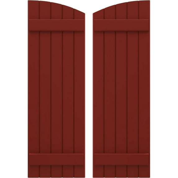 Ekena Millwork 17 1/2"W x 31"H Americraft Five Board (2 Batten) Exterior Real Wood Joined Board-n-Batten Shutters w/ Elliptical Top (Per Pair), Pepper Red