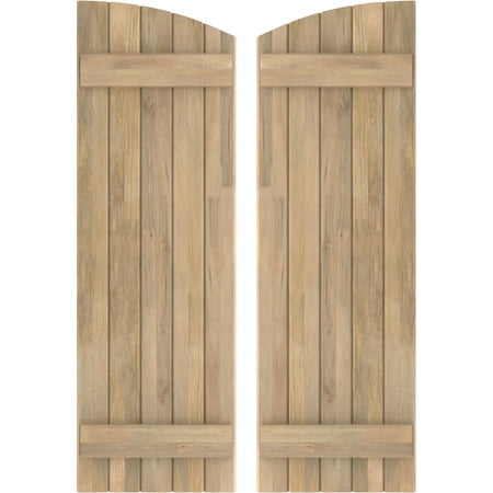 Ekena Millwork 17 1/2"W x 31"H Americraft Five Board (2 Batten) Exterior Real Wood Joined Board-n-Batten Shutters w/ Elliptical Top (Per Pair), Unfinished