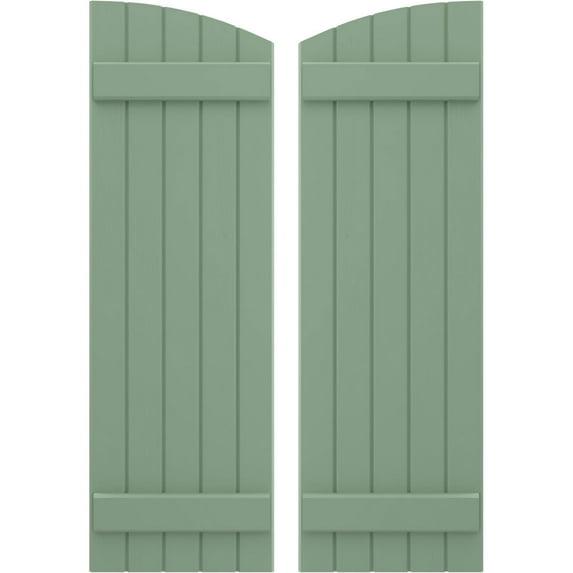 Ekena Millwork 17 1/2"W x 32"H Americraft Five Board (2 Batten) Exterior Real Wood Joined Board-n-Batten Shutters w/ Elliptical Top (Per Pair), Track Green