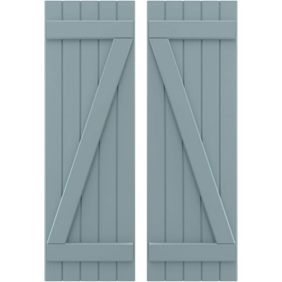 Ekena Millwork 17 1/2"W x 33"H Americraft Five Board (2 Batten) Exterior Real Wood Joined Board-n-Batten Shutters w/ Z-Bar (Per Pair), Peaceful Blue