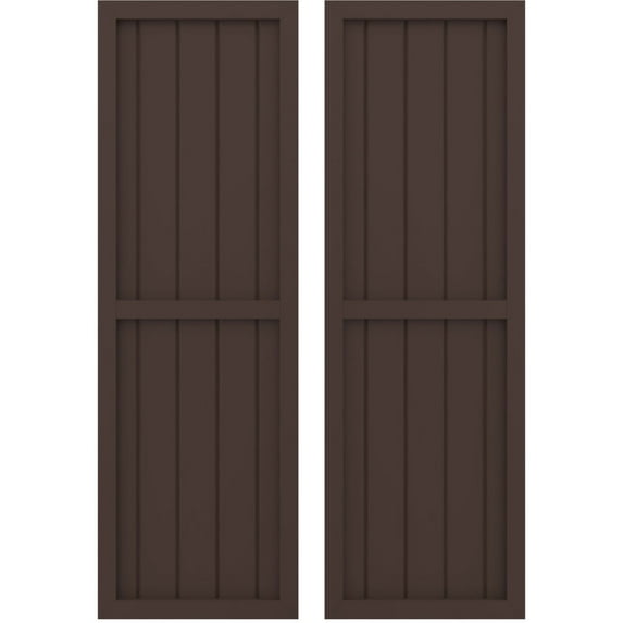 Ekena Millwork 17 1/2"W x 33"H Americraft Five Board Exterior Real Wood Two Equal Panel Framed Board-n-Batten Shutters (Per Pair), Raisin Brown