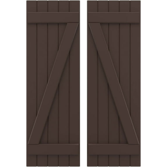 Ekena Millwork 17 1/2"W x 34"H Americraft Five Board (2 Batten) Exterior Real Wood Joined Board-n-Batten Shutters w/ Z-Bar (Per Pair), Raisin Brown