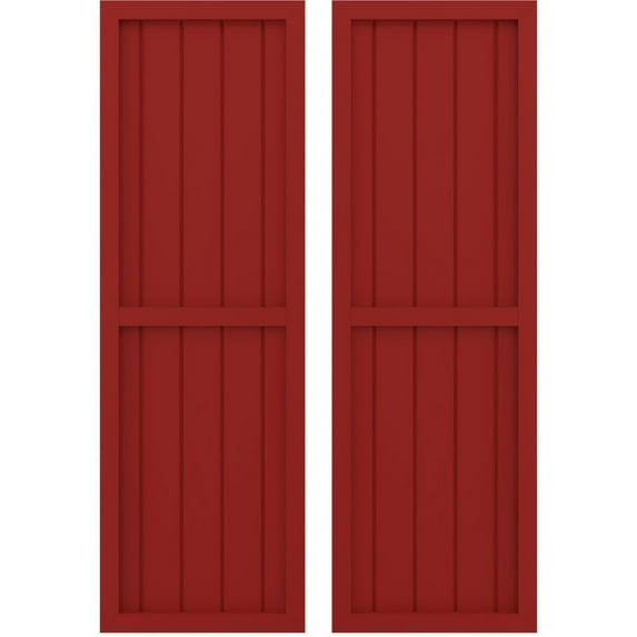 Ekena Millwork 17 1/2"W x 34"H Americraft Five Board Exterior Real Wood Two Equal Panel Framed Board-n-Batten Shutters (Per Pair), Fire Red