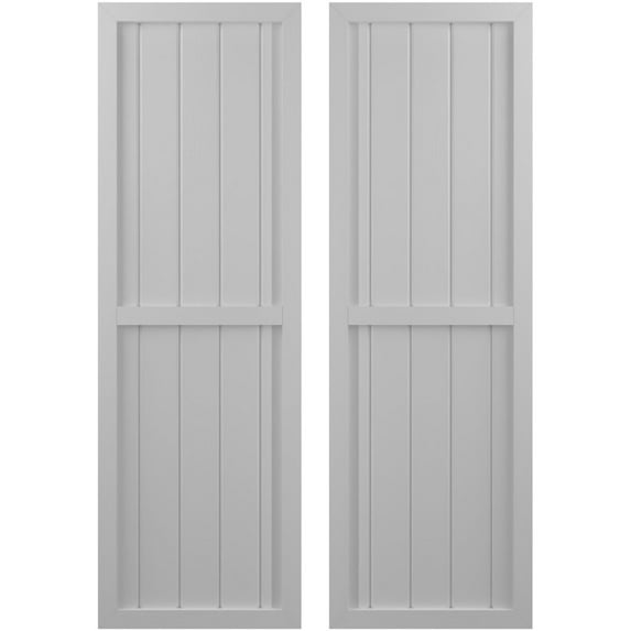 Ekena Millwork 17 1/2"W x 34"H Americraft Five Board Exterior Real Wood Two Equal Panel Framed Board-n-Batten Shutters (Per Pair), Primed