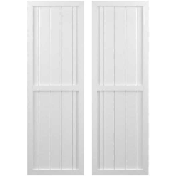 Ekena Millwork 17 1/2"W x 34"H Americraft Five Board Exterior Real Wood Two Equal Panel Framed Board-n-Batten Shutters (Per Pair), White