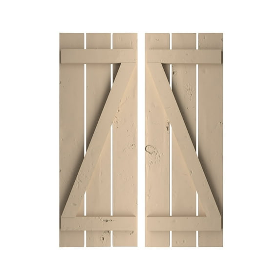 Ekena Millwork 17 1/2"W x 36"H Rustic Three Board Spaced Board-n-Batten Knotty Pine Faux Wood Shutters w/Z-Board (Per Pair), Primed Tan