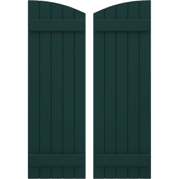 Ekena Millwork 17 1/2"W x 39"H Americraft Five Board (2 Batten) Exterior Real Wood Joined Board-n-Batten Shutters w/ Elliptical Top (Per Pair), Thermal Green