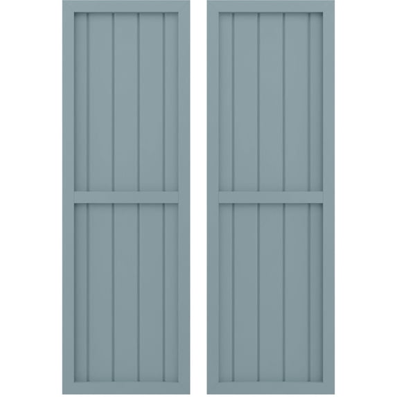 Ekena Millwork 17 1/2"W x 39"H Americraft Five Board Exterior Real Wood Two Equal Panel Framed Board-n-Batten Shutters (Per Pair), Peaceful Blue