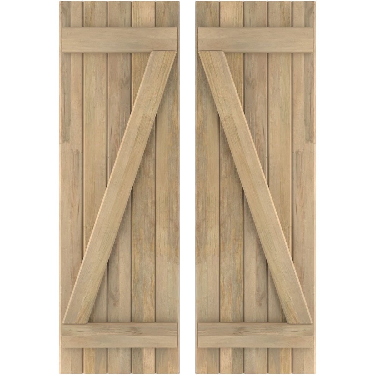 Ekena Millwork 17 1/2"W x 44"H Americraft Five Board (2 Batten) Exterior Real Wood Joined Board-n-Batten Shutters w/ Z-Bar (Per Pair), Unfinished