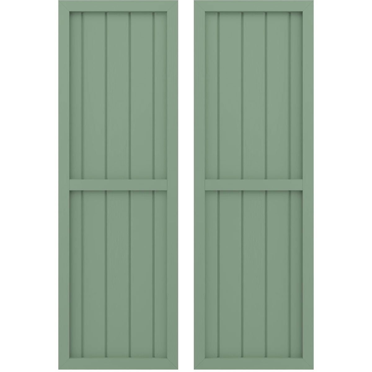 Ekena Millwork 17 1/2"W x 45"H Americraft Five Board Exterior Real Wood Two Equal Panel Framed Board-n-Batten Shutters (Per Pair), Track Green