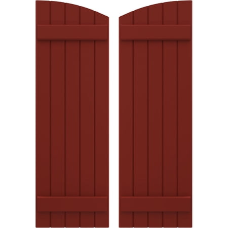 Ekena Millwork 17 1/2"W x 48"H Americraft Five Board (2 Batten) Exterior Real Wood Joined Board-n-Batten Shutters w/ Elliptical Top (Per Pair), Pepper Red
