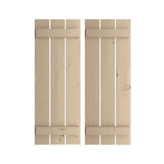 Ekena Millwork 17 1/2"W x 48"H Rustic Three Board Spaced Board-n-Batten Knotty Pine Faux Wood Shutters (Per Pair), Primed Tan