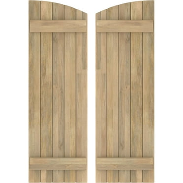 Ekena Millwork 17 1/2"W x 50"H Americraft Five Board (2 Batten) Exterior Real Wood Joined Board-n-Batten Shutters w/ Elliptical Top (Per Pair), Unfinished