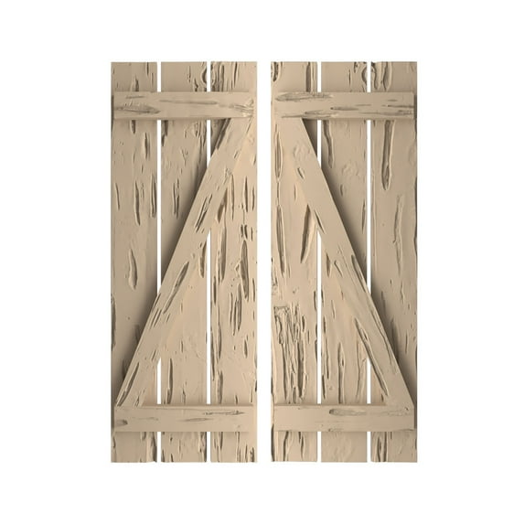 Ekena Millwork 17 1/2"W x 52"H Rustic Three Board Spaced Board-n-Batten Pecky Cypress Faux Wood Shutters w/Z-Board (Per Pair), Primed Tan
