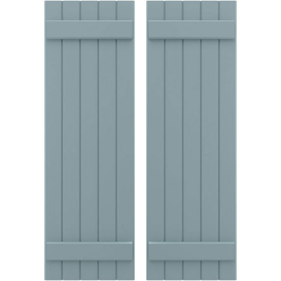 Ekena Millwork 17 1/2"W x 53"H Americraft Five Board (2 Batten) Exterior Real Wood Joined Board-n-Batten Shutters (Per Pair), Peaceful Blue