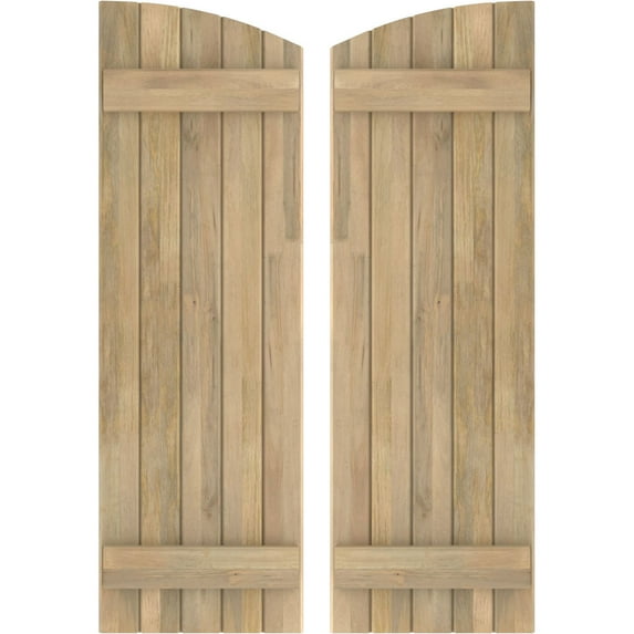 Ekena Millwork 17 1/2"W x 54"H Americraft Five Board (2 Batten) Exterior Real Wood Joined Board-n-Batten Shutters w/ Elliptical Top (Per Pair), Unfinished
