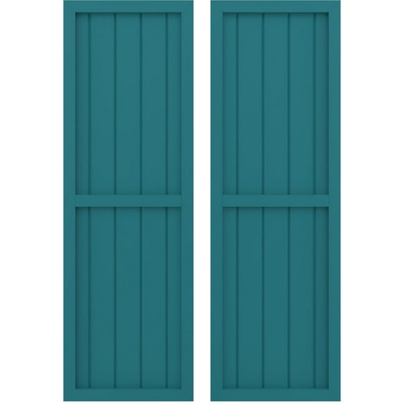 Ekena Millwork 17 1/2"W x 54"H Americraft Five Board Exterior Real Wood Two Equal Panel Framed Board-n-Batten Shutters (Per Pair), Antigua