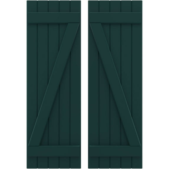 Ekena Millwork 17 1/2"W x 56"H Americraft Five Board (2 Batten) Exterior Real Wood Joined Board-n-Batten Shutters w/ Z-Bar (Per Pair), Thermal Green