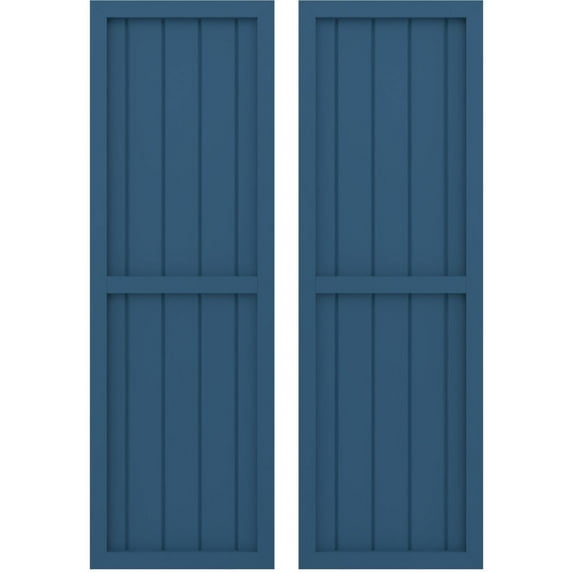 Ekena Millwork 17 1/2"W x 56"H Americraft Five Board Exterior Real Wood Two Equal Panel Framed Board-n-Batten Shutters (Per Pair), Sojourn Blue