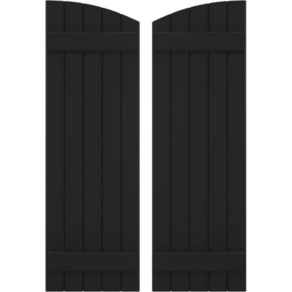 Ekena Millwork 17 1/2"W x 58"H Americraft Five Board (2 Batten) Exterior Real Wood Joined Board-n-Batten Shutters w/ Elliptical Top (Per Pair), Black