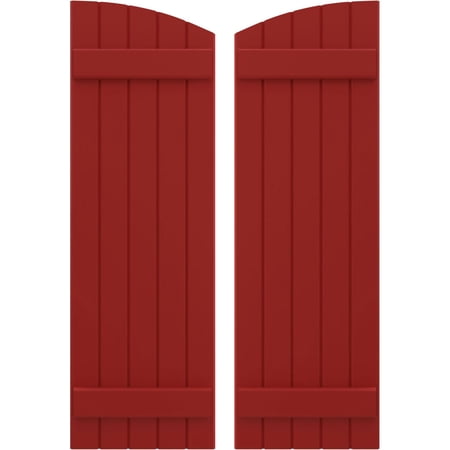 Ekena Millwork 17 1/2"W x 59"H Americraft Five Board (2 Batten) Exterior Real Wood Joined Board-n-Batten Shutters w/ Elliptical Top (Per Pair), Fire Red