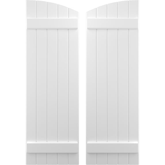 Ekena Millwork 17 1/2"W x 59"H Americraft Five Board (2 Batten) Exterior Real Wood Joined Board-n-Batten Shutters w/ Elliptical Top (Per Pair), White
