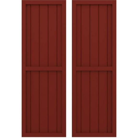Ekena Millwork 17 1/2"W x 59"H Americraft Five Board Exterior Real Wood Two Equal Panel Framed Board-n-Batten Shutters (Per Pair), Pepper Red