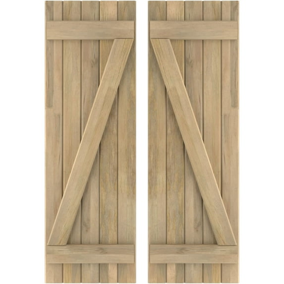 Ekena Millwork 17 1/2"W x 60"H Americraft Five Board (2 Batten) Exterior Real Wood Joined Board-n-Batten Shutters w/ Z-Bar (Per Pair), Unfinished