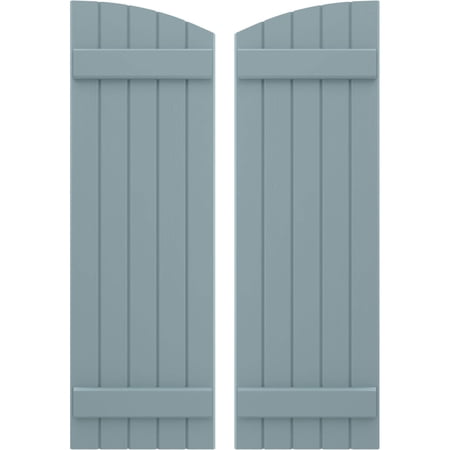 Ekena Millwork 17 1/2"W x 62"H Americraft Five Board (2 Batten) Exterior Real Wood Joined Board-n-Batten Shutters w/ Elliptical Top (Per Pair), Peaceful Blue
