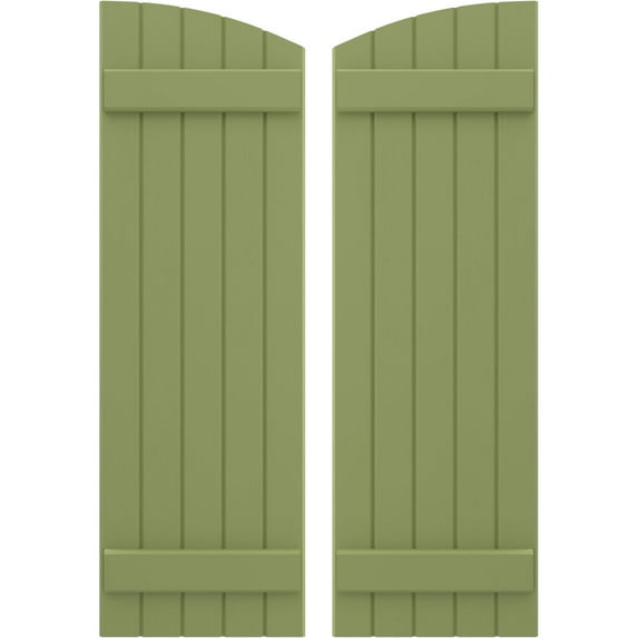 Ekena Millwork 17 1/2"W x 63"H Americraft Five Board (2 Batten) Exterior Real Wood Joined Board-n-Batten Shutters w/ Elliptical Top (Per Pair), Moss Green