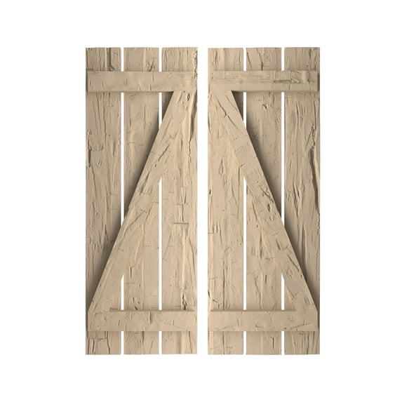 Ekena Millwork 17 1/2"W x 64"H Rustic Three Board Spaced Board-n-Batten Hand Hewn Faux Wood Shutters w/Z-Board (Per Pair), Primed Tan
