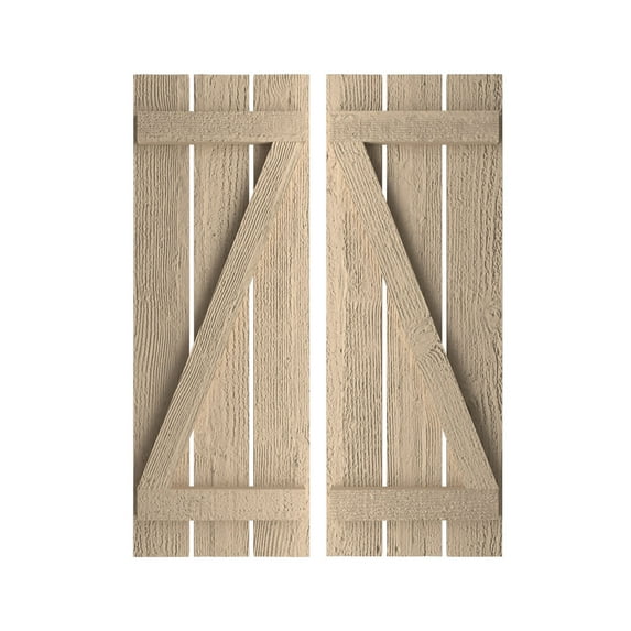 Ekena Millwork 17 1/2"W x 64"H Rustic Three Board Spaced Board-n-Batten Rough Sawn Faux Wood Shutters w/Z-Board (Per Pair), Primed Tan