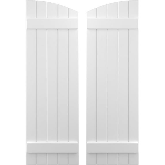 Ekena Millwork 17 1/2"W x 65"H Americraft Five Board (2 Batten) Exterior Real Wood Joined Board-n-Batten Shutters w/ Elliptical Top (Per Pair), White