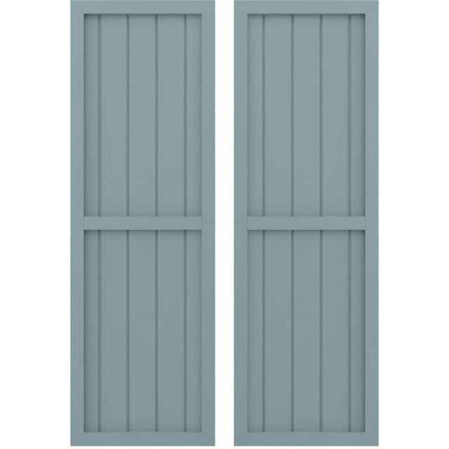 Ekena Millwork 17 1/2"W x 66"H Americraft Five Board Exterior Real Wood Two Equal Panel Framed Board-n-Batten Shutters (Per Pair), Peaceful Blue