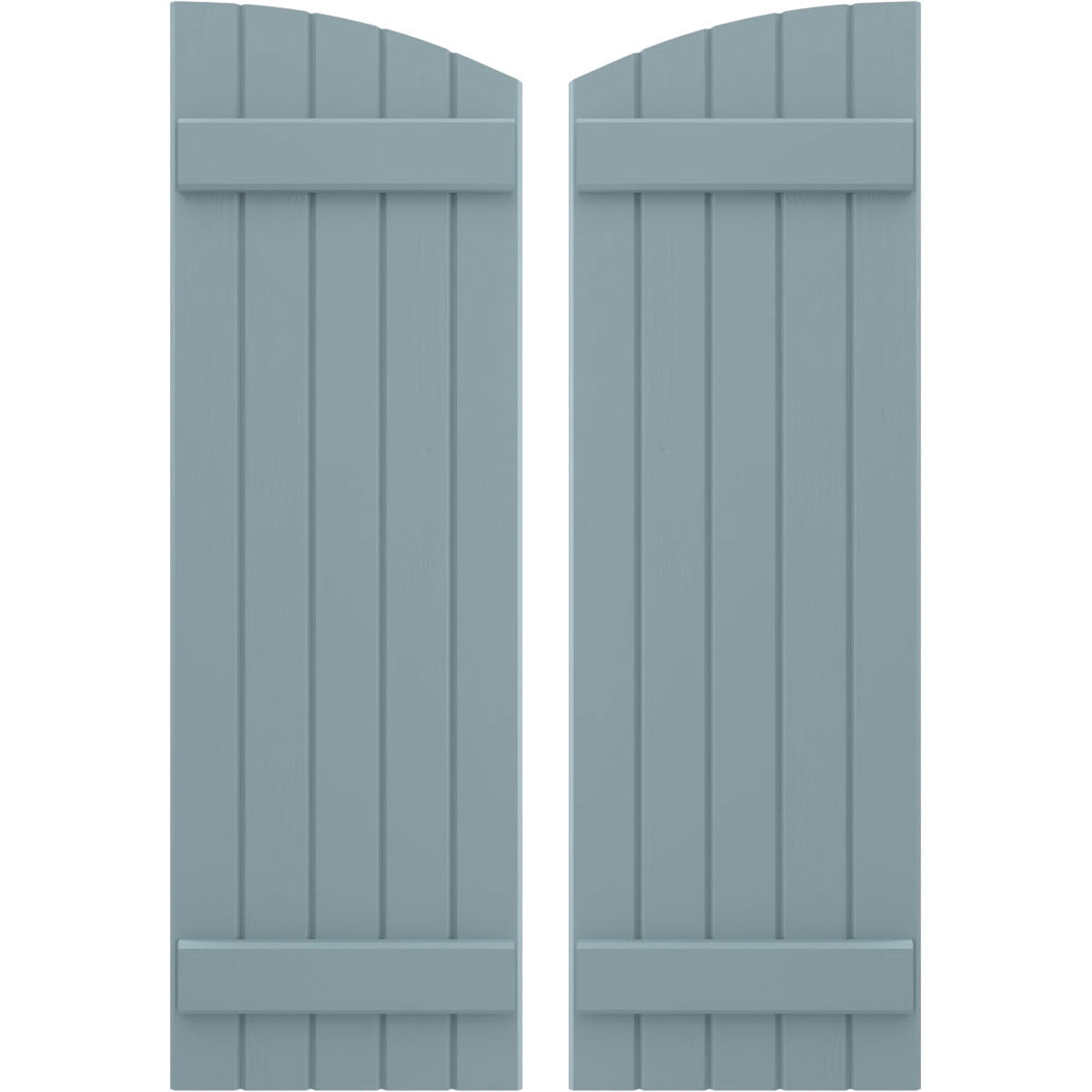 Ekena Millwork 17 1/2"W x 68"H Americraft Five Board (2 Batten) Exterior Real Wood Joined Board-n-Batten Shutters w/ Elliptical Top (Per Pair), Peaceful Blue