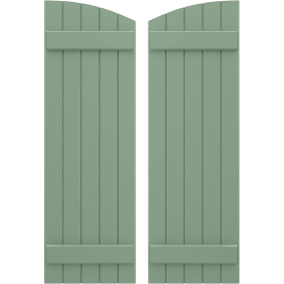 Ekena Millwork 17 1/2"W x 71"H Americraft Five Board (2 Batten) Exterior Real Wood Joined Board-n-Batten Shutters w/ Elliptical Top (Per Pair), Track Green