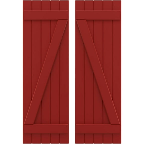 Ekena Millwork 17 1/2"W x 72"H Americraft Five Board (2 Batten) Exterior Real Wood Joined Board-n-Batten Shutters w/ Z-Bar (Per Pair), Fire Red
