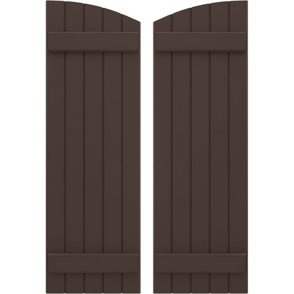 Ekena Millwork 17 1/2"W x 76"H Americraft Five Board (2 Batten) Exterior Real Wood Joined Board-n-Batten Shutters w/ Elliptical Top (Per Pair), Raisin Brown