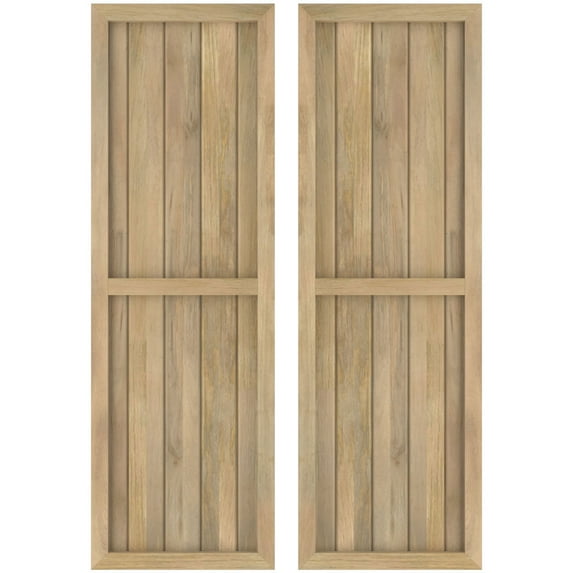 Ekena Millwork 17 1/2"W x 76"H Americraft Five Board Exterior Real Wood Two Equal Panel Framed Board-n-Batten Shutters (Per Pair), Unfinished