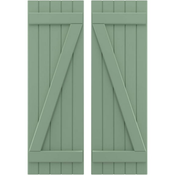 Ekena Millwork 17 1/2"W x 77"H Americraft Five Board (2 Batten) Exterior Real Wood Joined Board-n-Batten Shutters w/ Z-Bar (Per Pair), Track Green