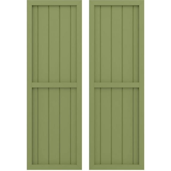 Ekena Millwork 17 1/2"W x 77"H Americraft Five Board Exterior Real Wood Two Equal Panel Framed Board-n-Batten Shutters (Per Pair), Moss Green