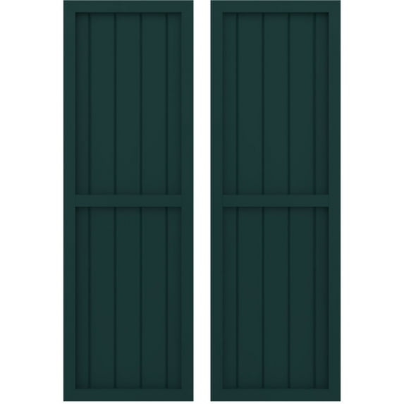Ekena Millwork 17 1/2"W x 82"H Americraft Five Board Exterior Real Wood Two Equal Panel Framed Board-n-Batten Shutters (Per Pair), Thermal Green