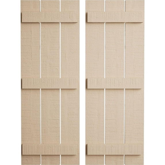 Ekena Millwork 17 1/2"W x 90"H Rustic Three Board Spaced Board-n-Batten Rough Cedar Faux Wood Shutters (Per Pair), Primed Tan