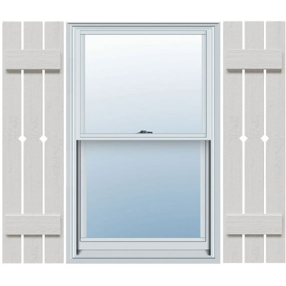 Ekena Millwork 17 1/8"W x 91"H Timberthane Faux Rustic Three Board Spaced Board-n-Batten Faux Wood Shutters w/Diamond Cut Outs, Rough Cedar (Per Pair)