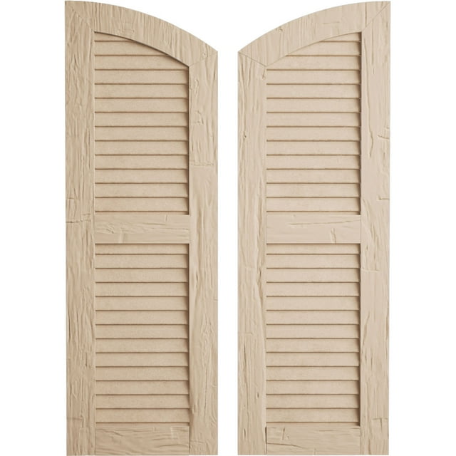 Ekena Millwork 18"W x 26"H (20" Low Side) Timberthane Hand Hewn Two Equal Louver w/Elliptical Top Faux Wood Shutters (Per Pair), Primed Tan