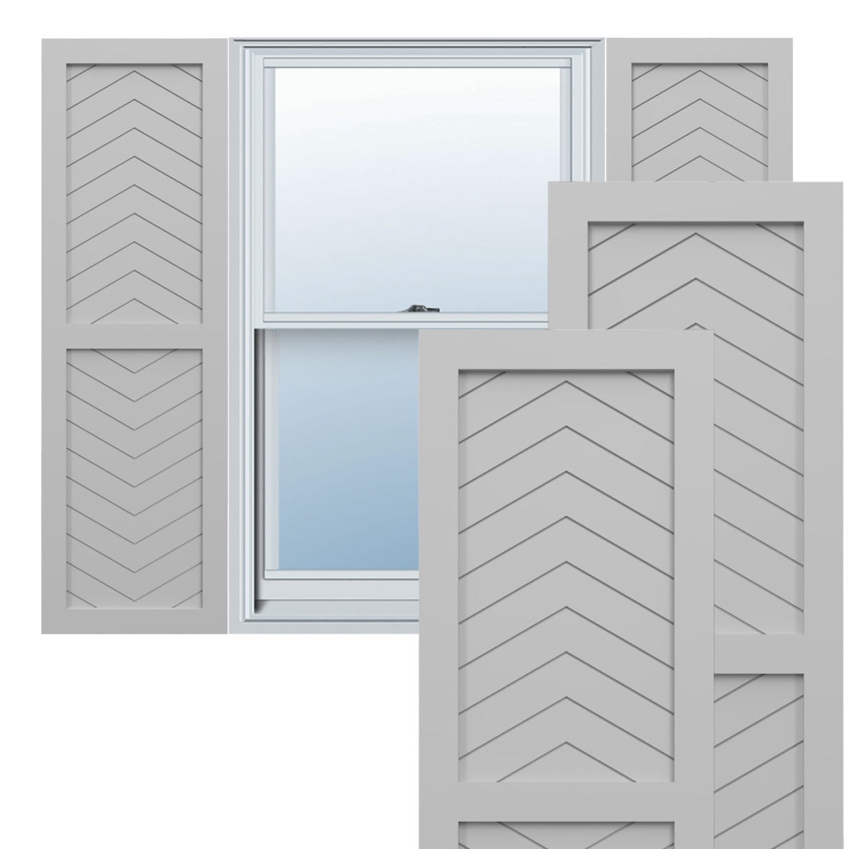 Ekena Millwork 18"W x 27"H True Fit PVC Two Panel Chevron Modern Style Fixed Mount Shutters, Primed (Per Pair - Hardware Not Included)